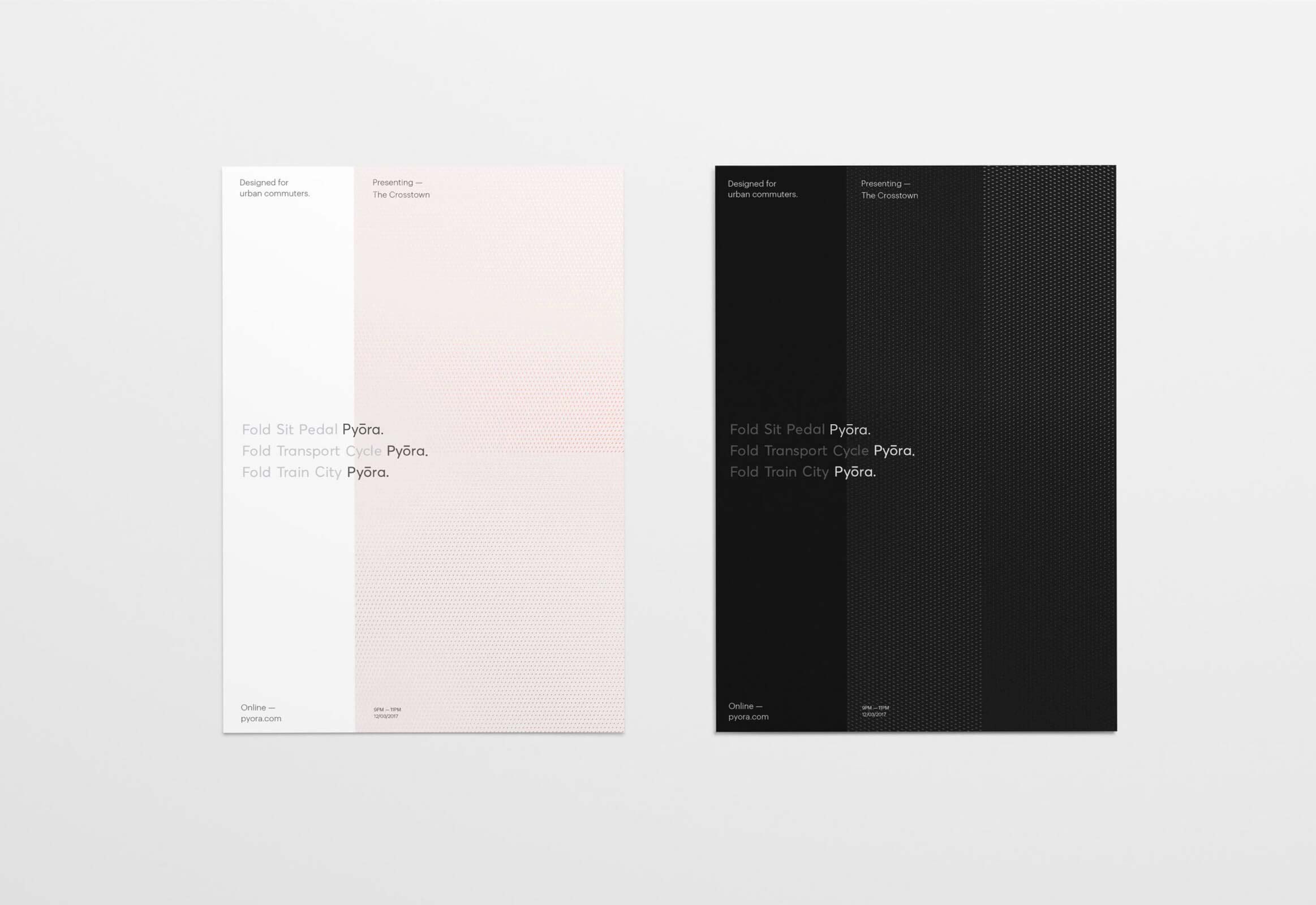 One pink and one black poster showing the Pyora brand identity