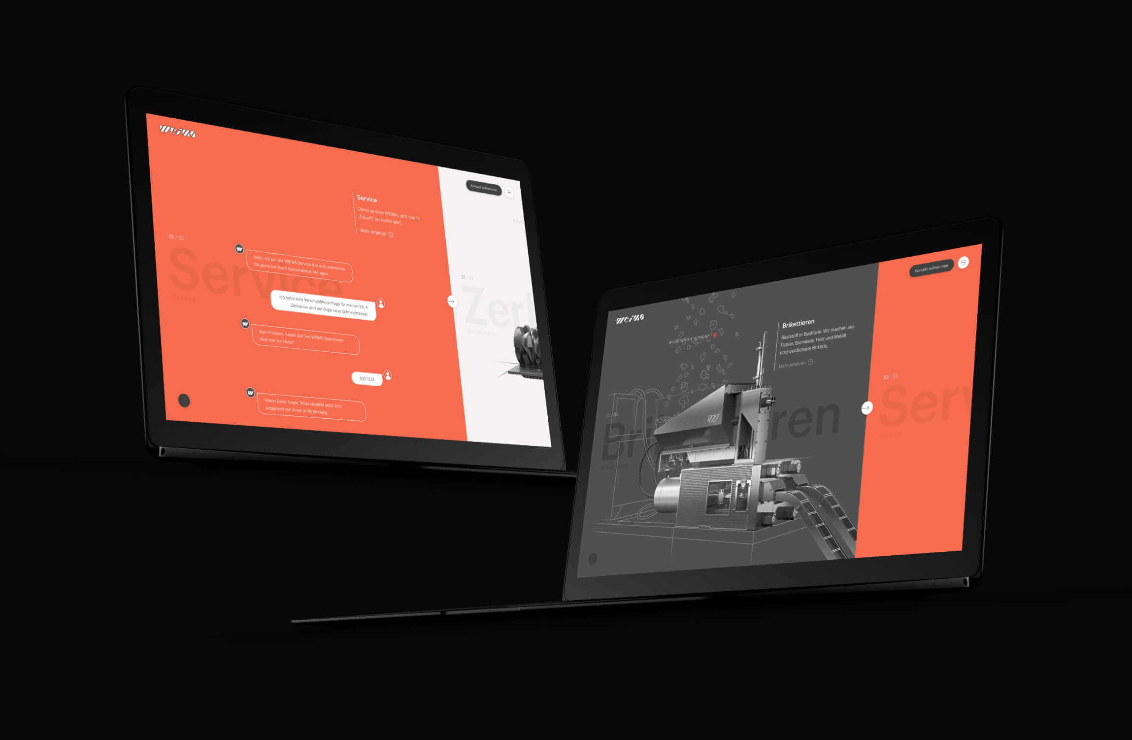 Weima homepage slider showing the service and briquetting sections