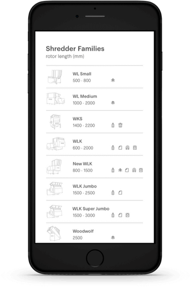 Weima shredder families shown on mobile