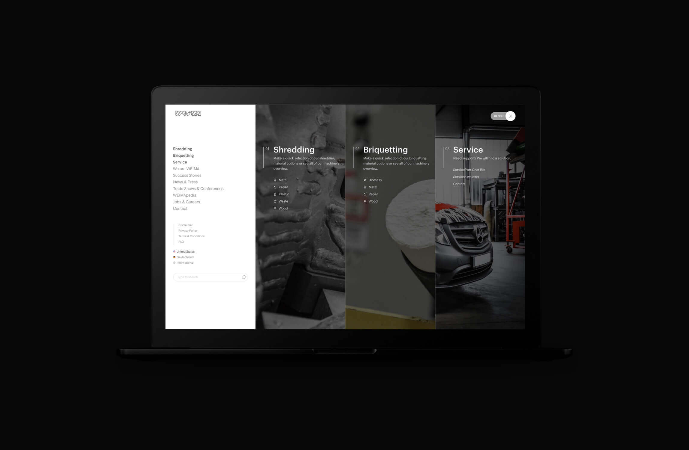 Weima menu with shredding, briquetting and service items