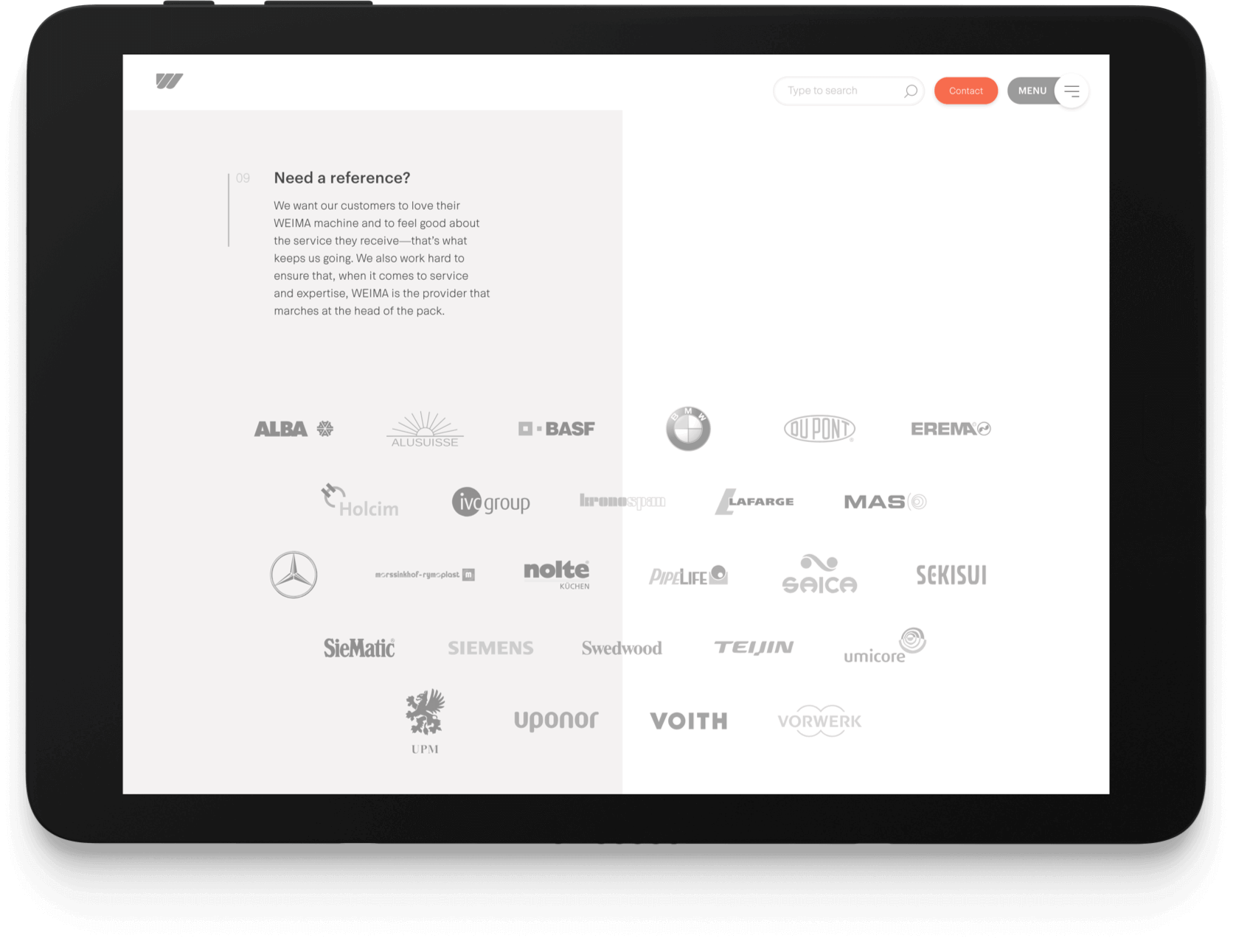 Weima client logos shown on tablet